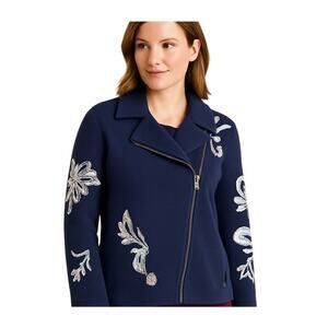 Chico’s 2 Navy Blue Embroidered Zip Jacket Textured Cotton Blend